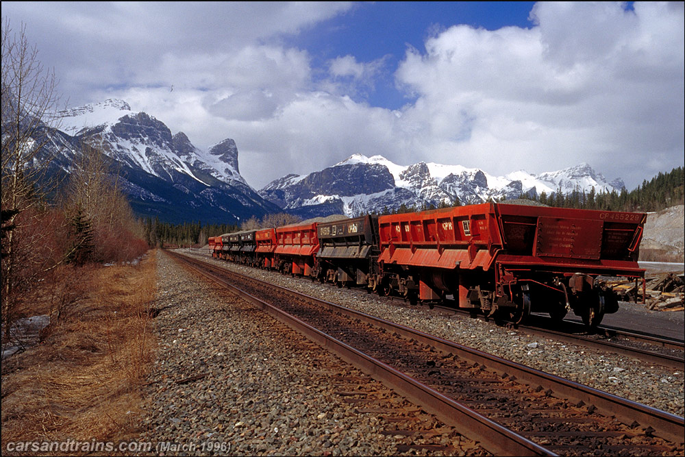 CP Rail Ballast cars at a siding east of Canmore
