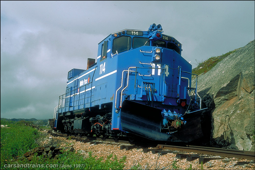 WPYR Diesel electric Loco MLW DL535E W no 114 leading a work train ner Fraser, BC