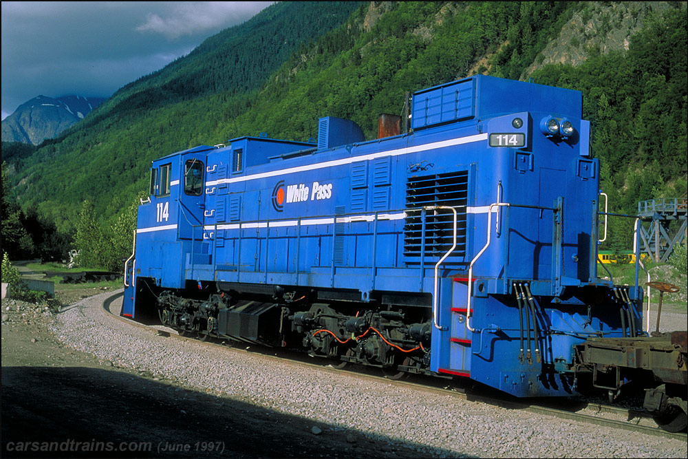 WPYR Diesel electric Loco MLW DL535E W no 114 is at the shops in Skagway