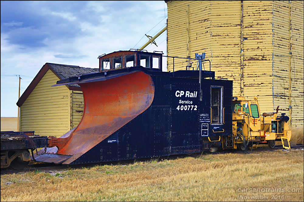 An old CP Rail snowplow is at a siding in Mossleigh, Alberta.